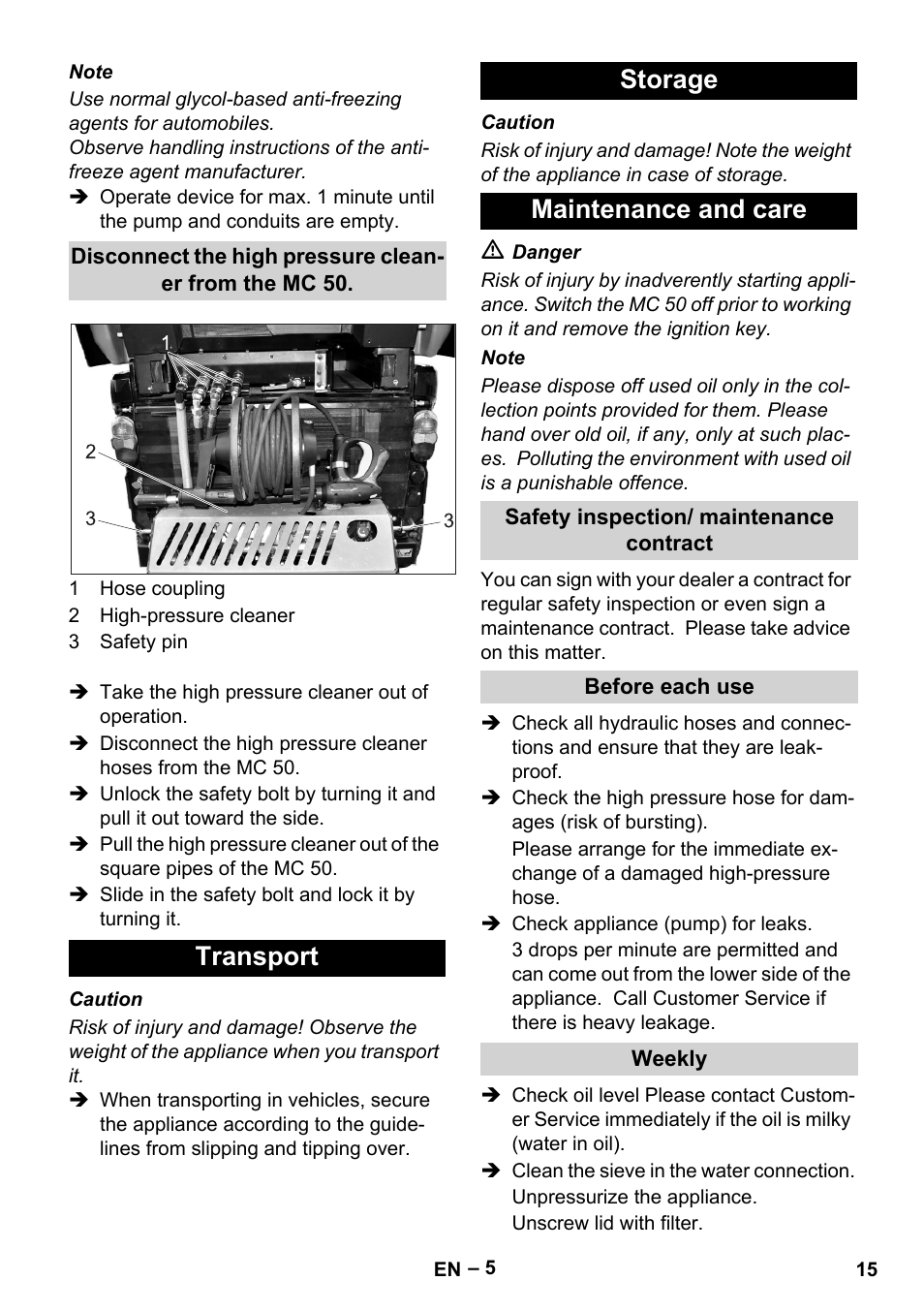 Transport storage maintenance and care | Karcher MIC 34C User Manual | Page 15 / 172