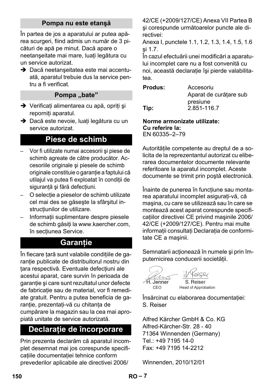 Piese de schimb garanţie declaraţie de încorporare | Karcher MIC 34C User Manual | Page 150 / 172