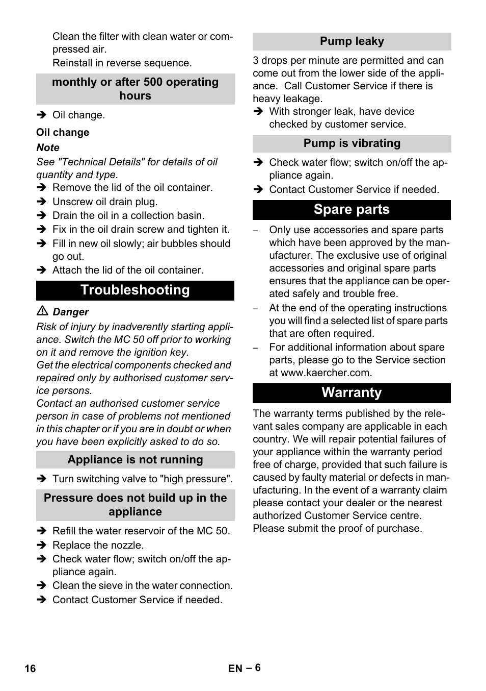 Troubleshooting, Spare parts warranty | Karcher MIC 34C User Manual | Page 16 / 172