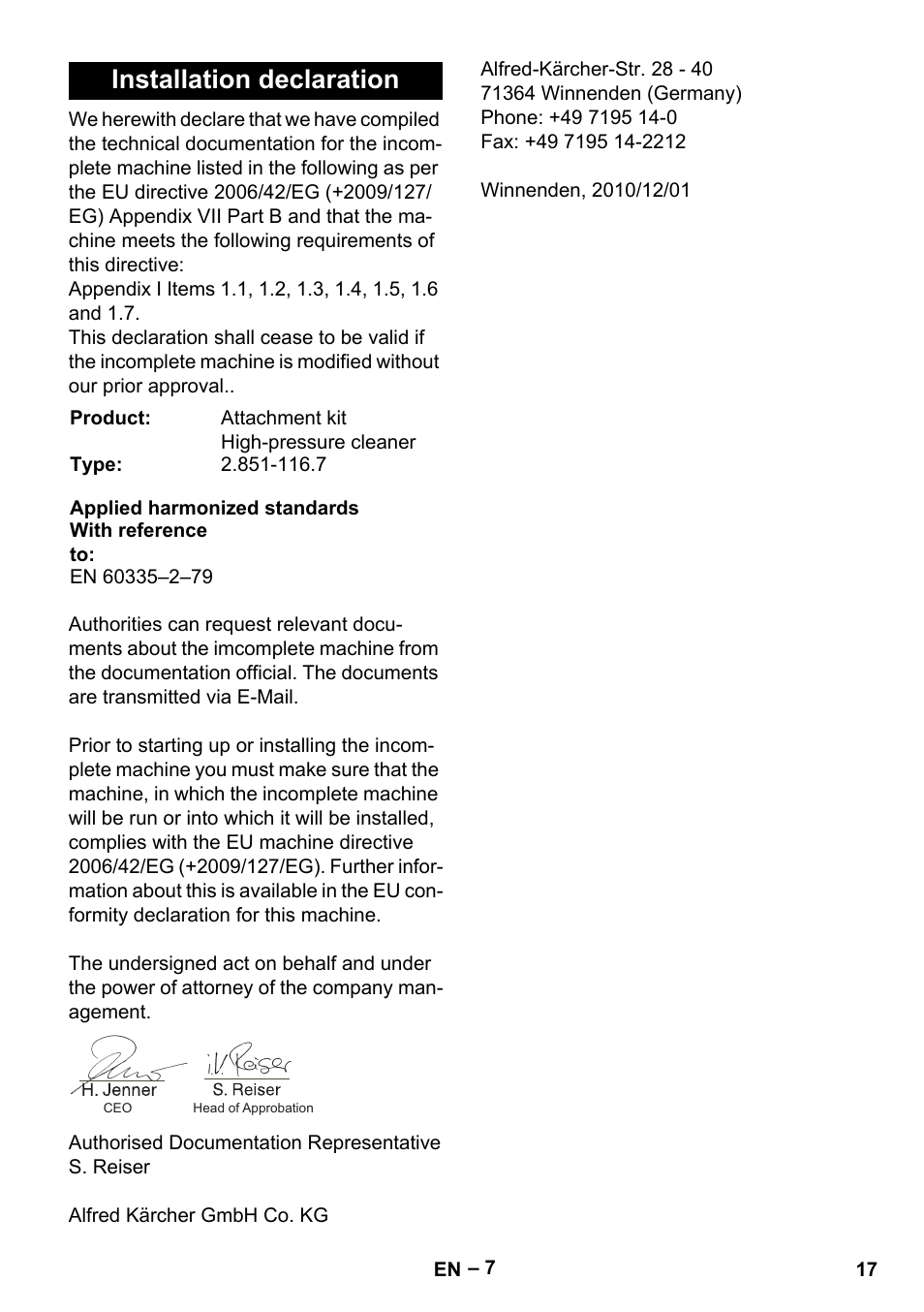 Installation declaration | Karcher MIC 34C User Manual | Page 17 / 172