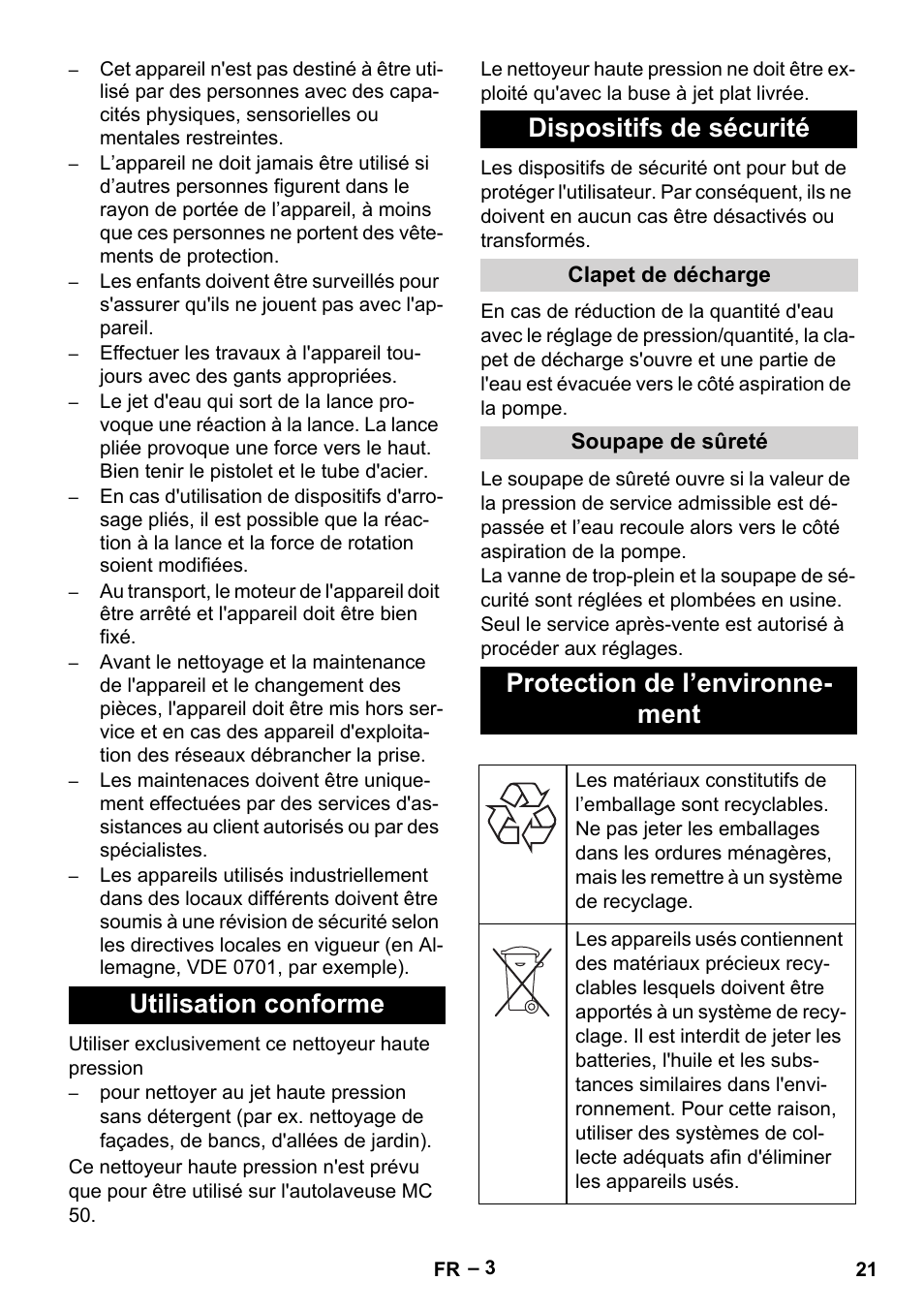 Utilisation conforme dispositifs de sécurité, Protection de l’environne- ment | Karcher MIC 34C User Manual | Page 21 / 172