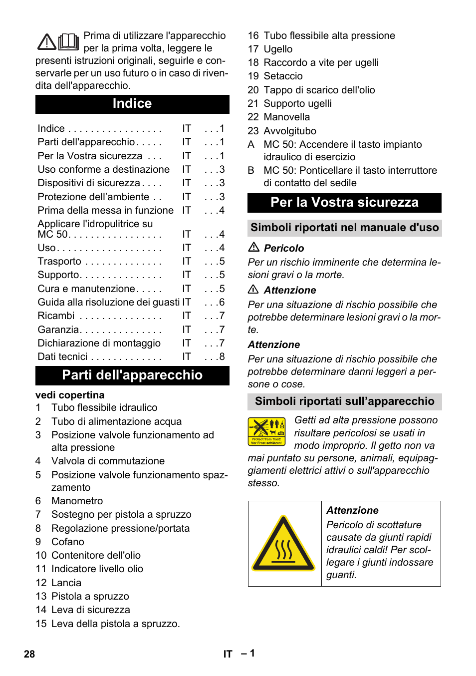 Italiano, Indice, Parti dell'apparecchio per la vostra sicurezza | Karcher MIC 34C User Manual | Page 28 / 172