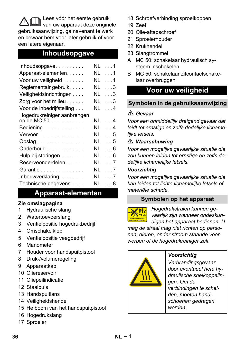 Nederlands, Inhoudsopgave, Apparaat-elementen voor uw veiligheid | Karcher MIC 34C User Manual | Page 36 / 172