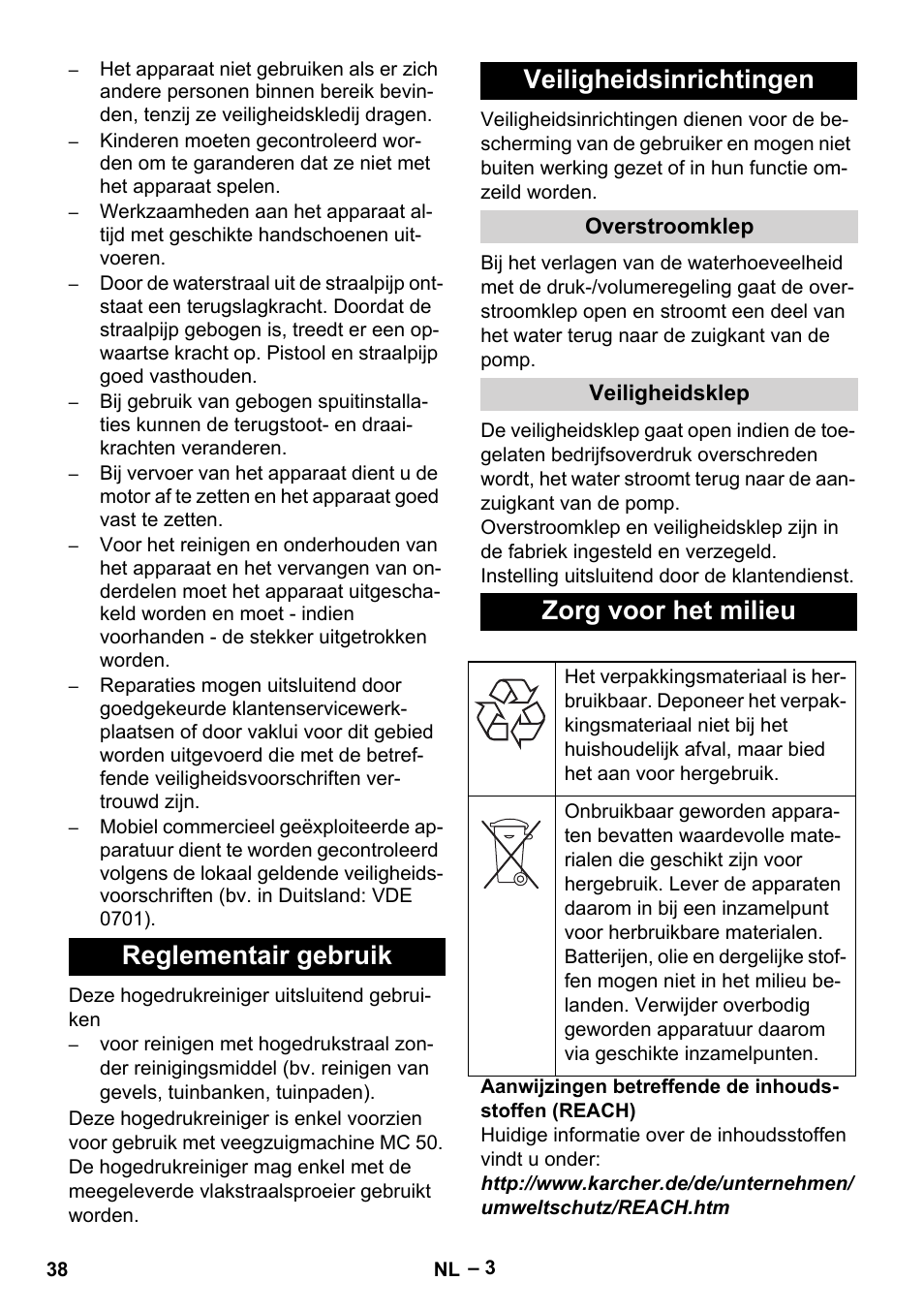 Reglementair gebruik veiligheidsinrichtingen, Zorg voor het milieu | Karcher MIC 34C User Manual | Page 38 / 172