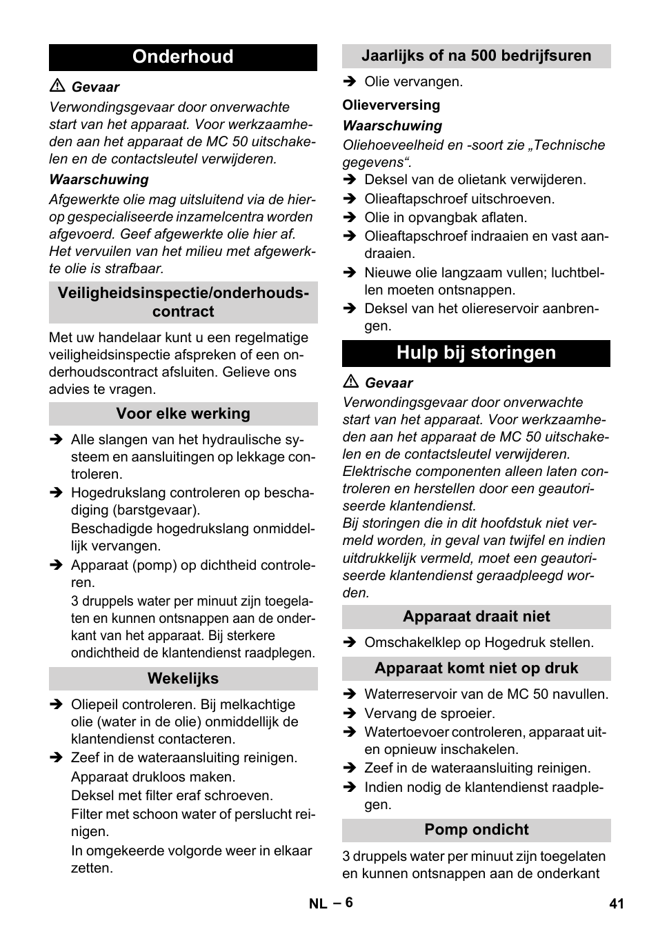 Onderhoud, Hulp bij storingen | Karcher MIC 34C User Manual | Page 41 / 172