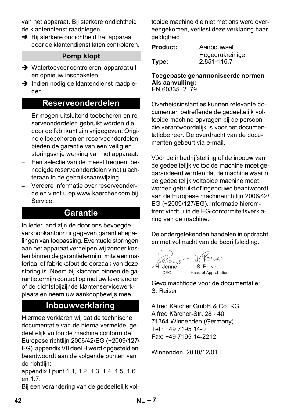 Reserveonderdelen garantie inbouwverklaring | Karcher MIC 34C User Manual | Page 42 / 172