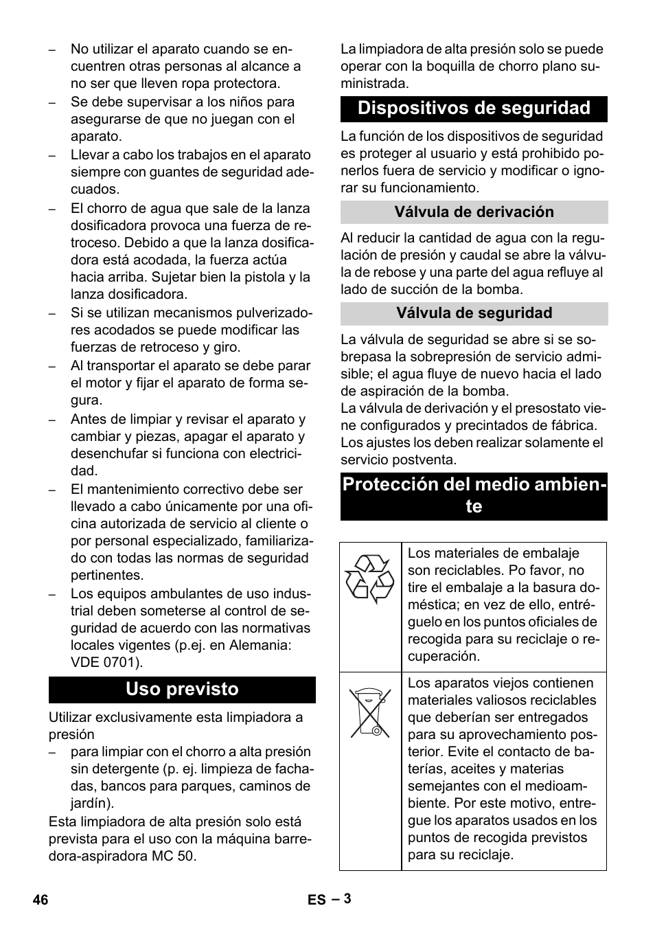 Uso previsto dispositivos de seguridad, Protección del medio ambien- te | Karcher MIC 34C User Manual | Page 46 / 172