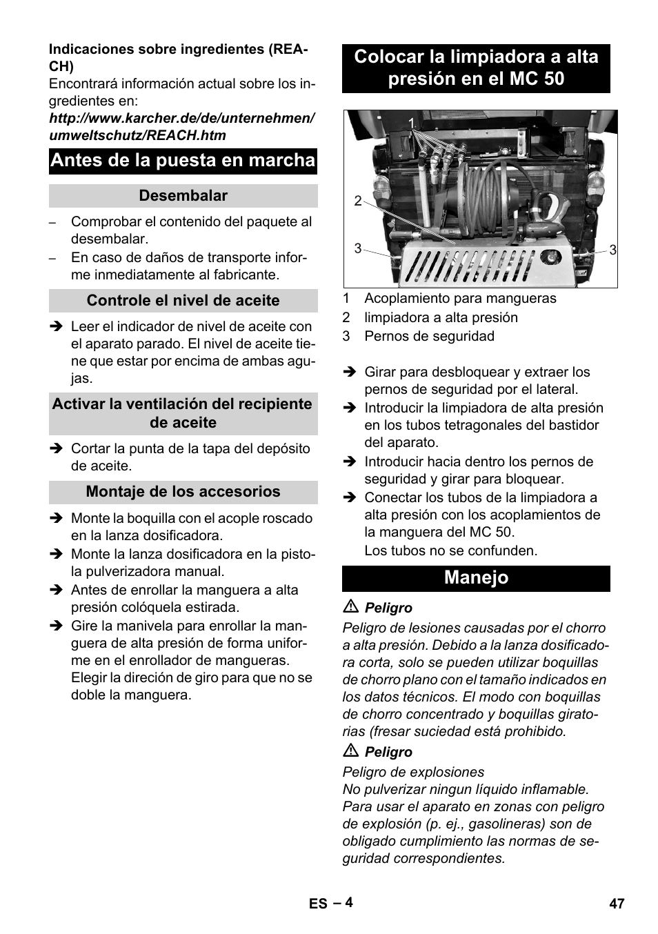 Antes de la puesta en marcha | Karcher MIC 34C User Manual | Page 47 / 172