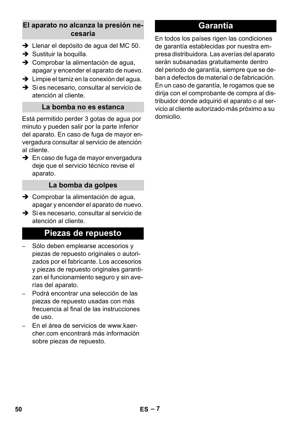 Piezas de repuesto garantía | Karcher MIC 34C User Manual | Page 50 / 172