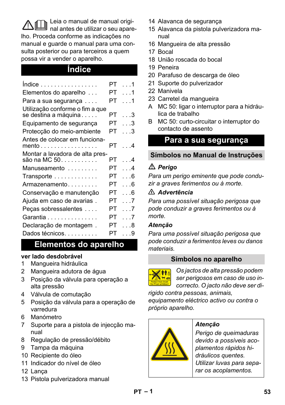 Português, Índice, Elementos do aparelho para a sua segurança | Karcher MIC 34C User Manual | Page 53 / 172