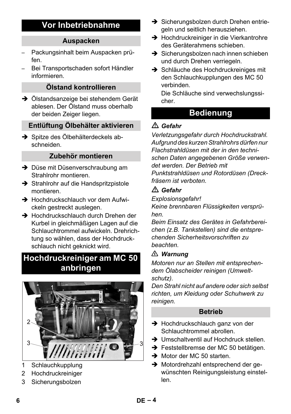 Vor inbetriebnahme, Hochdruckreiniger am mc 50 anbringen bedienung | Karcher MIC 34C User Manual | Page 6 / 172