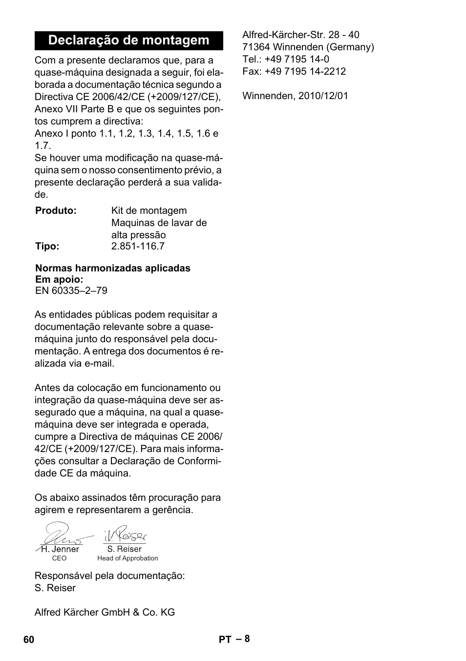 Declaração de montagem | Karcher MIC 34C User Manual | Page 60 / 172