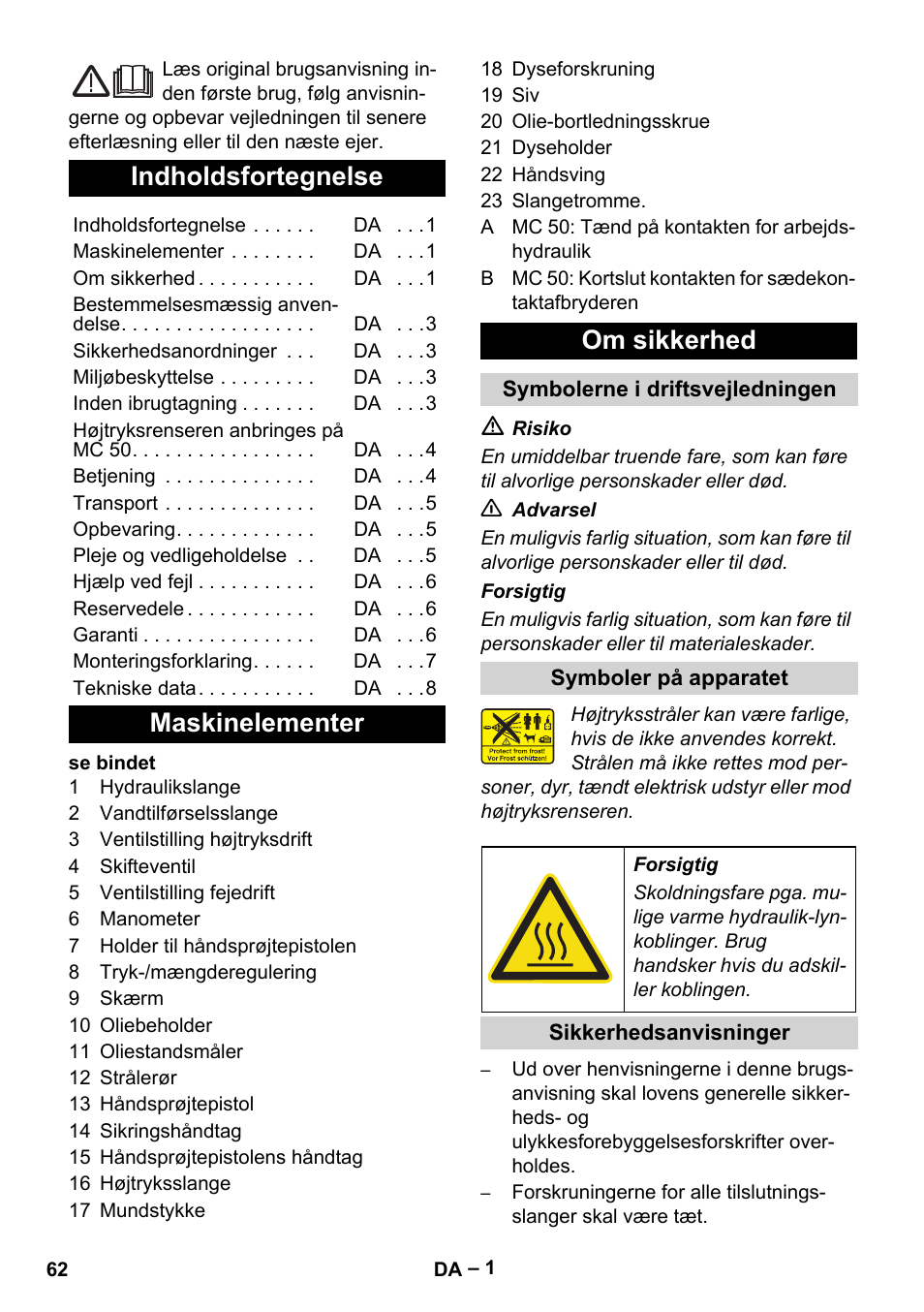 Dansk, Indholdsfortegnelse, Maskinelementer om sikkerhed | Karcher MIC 34C User Manual | Page 62 / 172