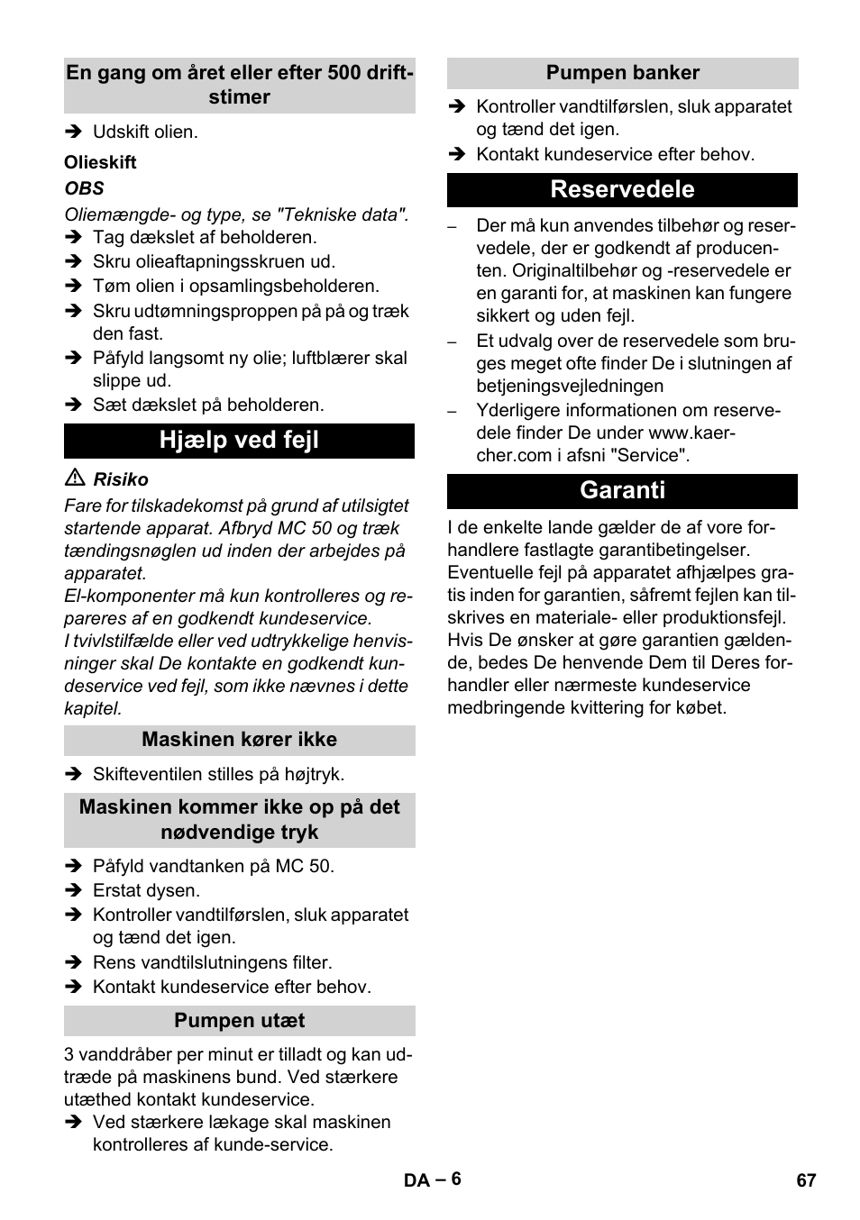 Hjælp ved fejl, Reservedele garanti | Karcher MIC 34C User Manual | Page 67 / 172