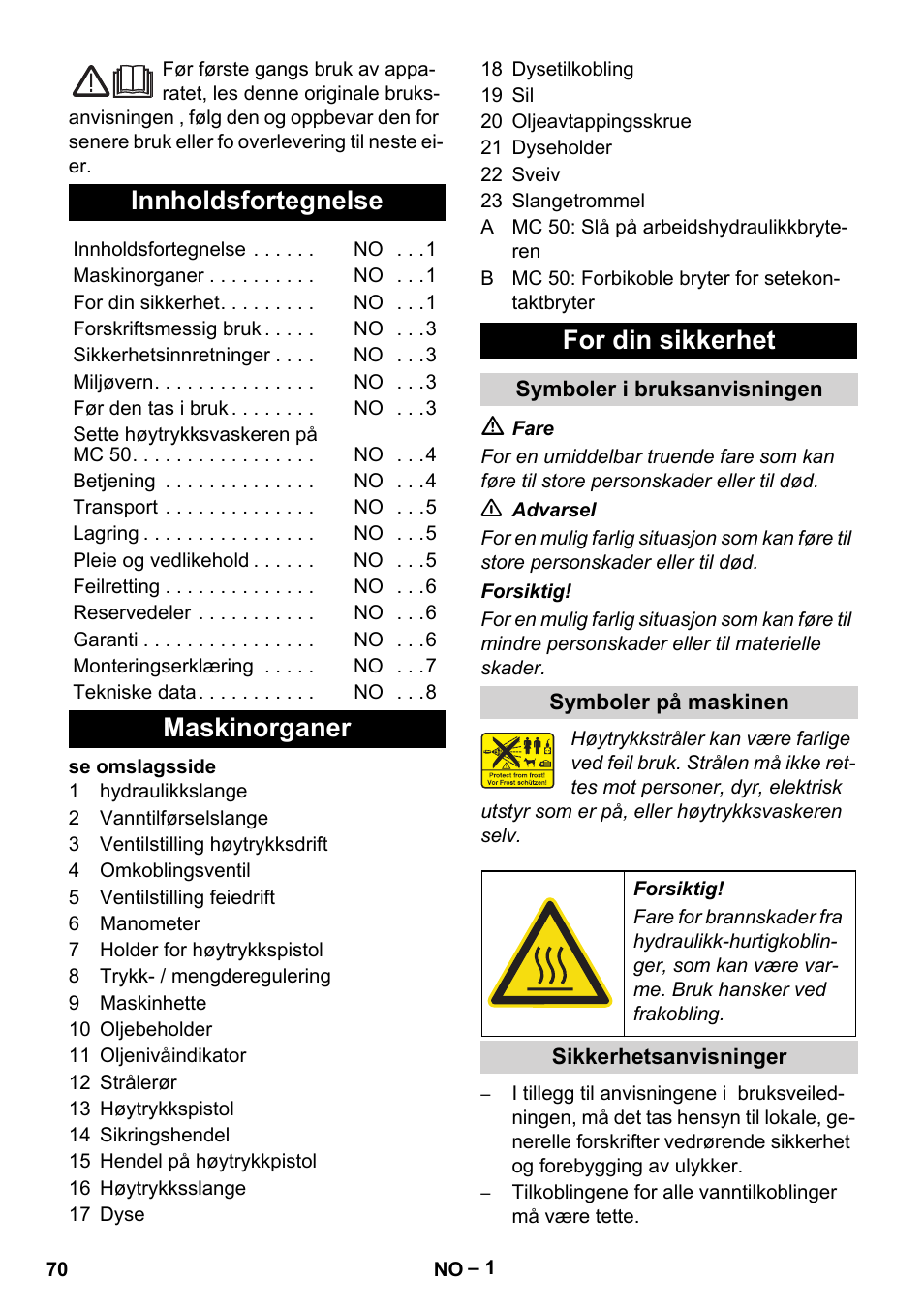 Norsk, Innholdsfortegnelse, Maskinorganer for din sikkerhet | Karcher MIC 34C User Manual | Page 70 / 172