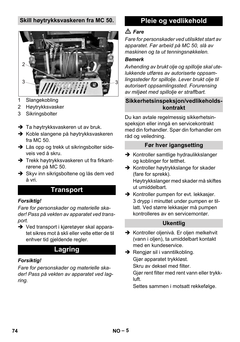 Transport lagring pleie og vedlikehold | Karcher MIC 34C User Manual | Page 74 / 172