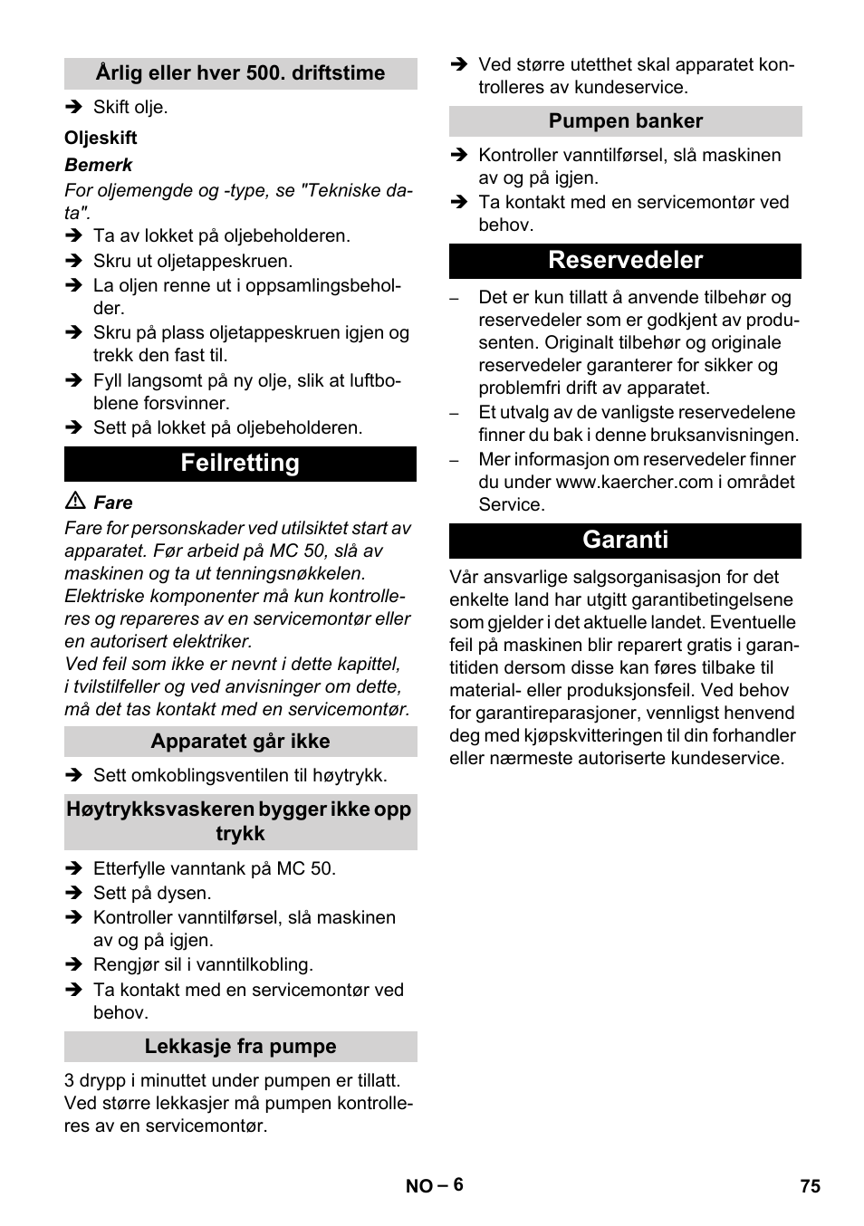 Feilretting, Reservedeler garanti | Karcher MIC 34C User Manual | Page 75 / 172
