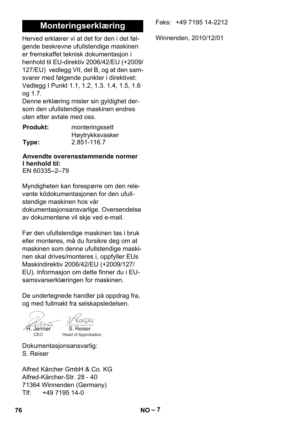 Monteringserklæring | Karcher MIC 34C User Manual | Page 76 / 172