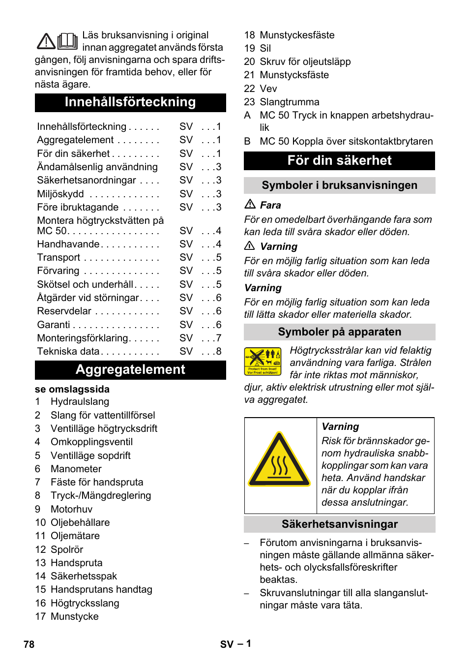 Svenska, Innehållsförteckning, Aggregatelement för din säkerhet | Karcher MIC 34C User Manual | Page 78 / 172