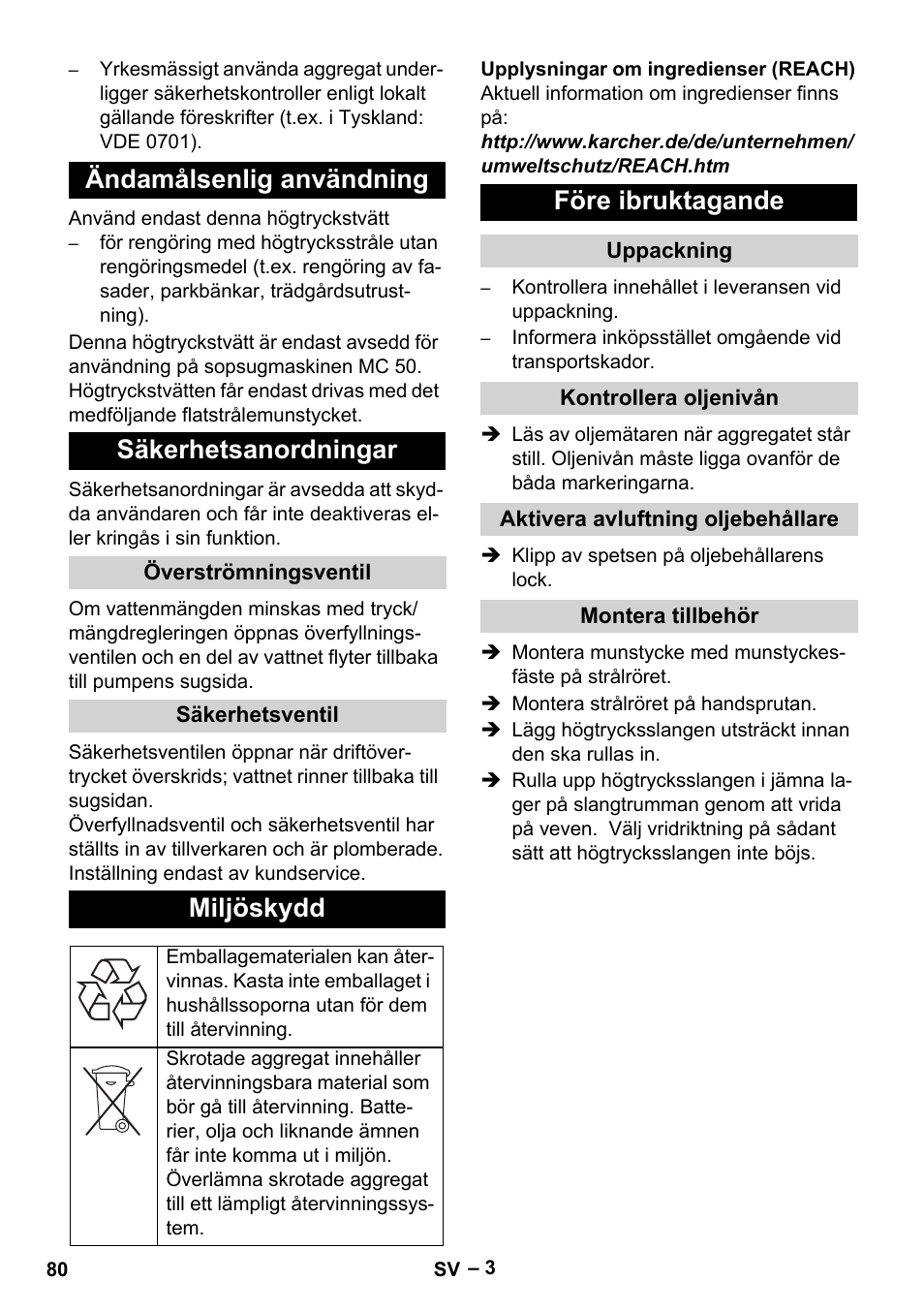 Ändamålsenlig användning säkerhetsanordningar, Miljöskydd, Före ibruktagande | Karcher MIC 34C User Manual | Page 80 / 172