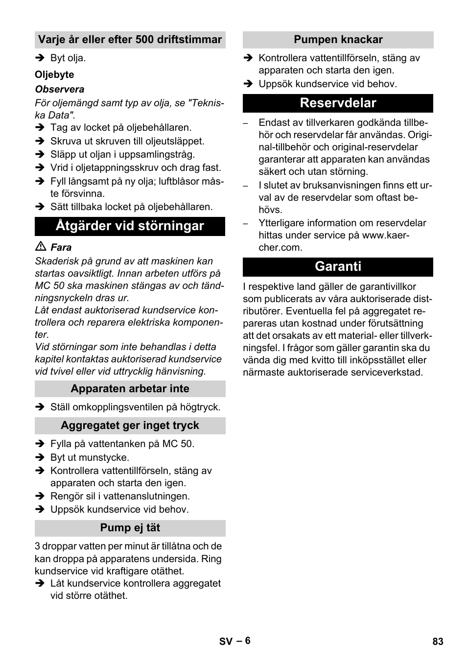 Åtgärder vid störningar, Reservdelar garanti | Karcher MIC 34C User Manual | Page 83 / 172
