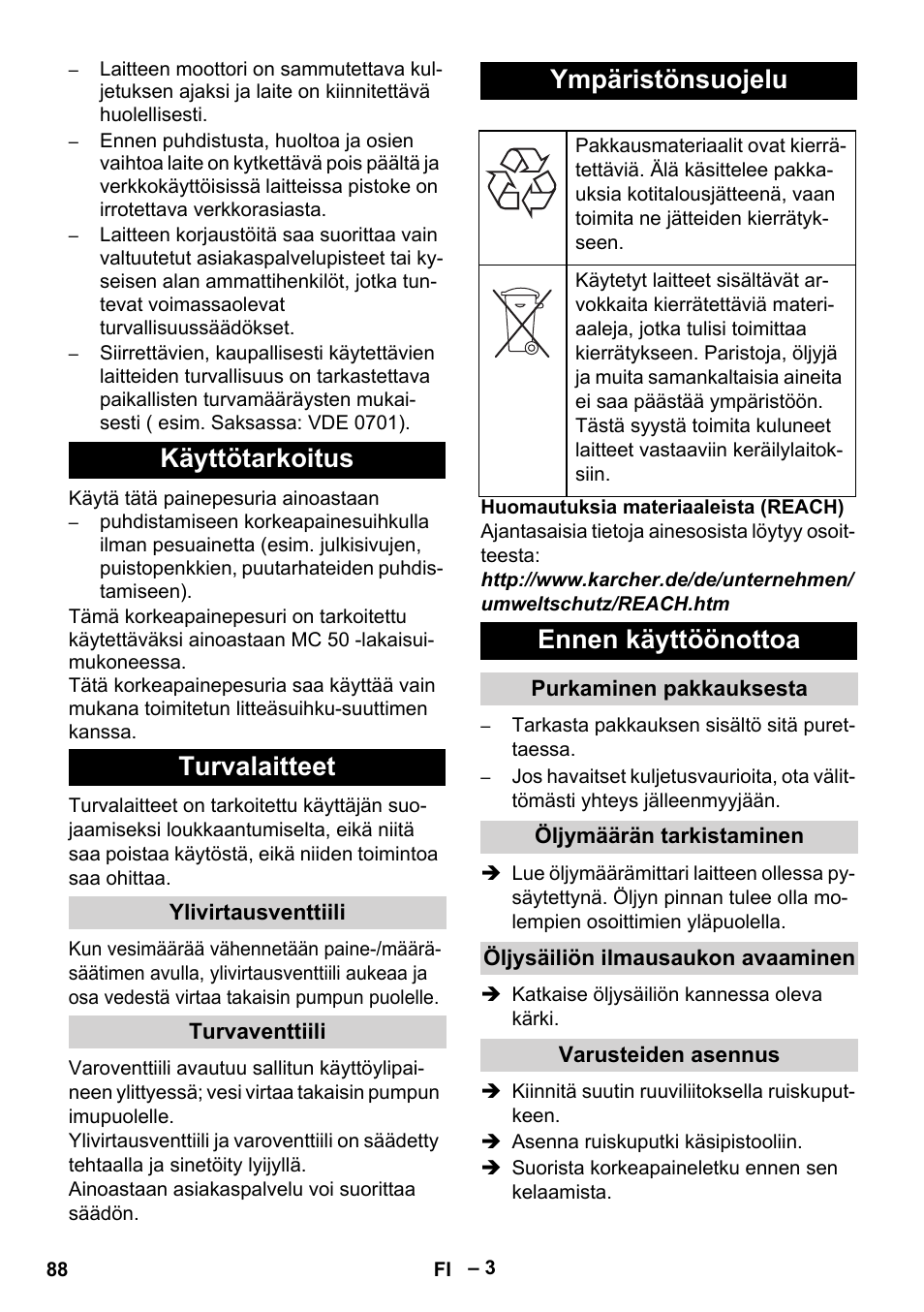 Käyttötarkoitus turvalaitteet, Ympäristönsuojelu, Ennen käyttöönottoa | Karcher MIC 34C User Manual | Page 88 / 172