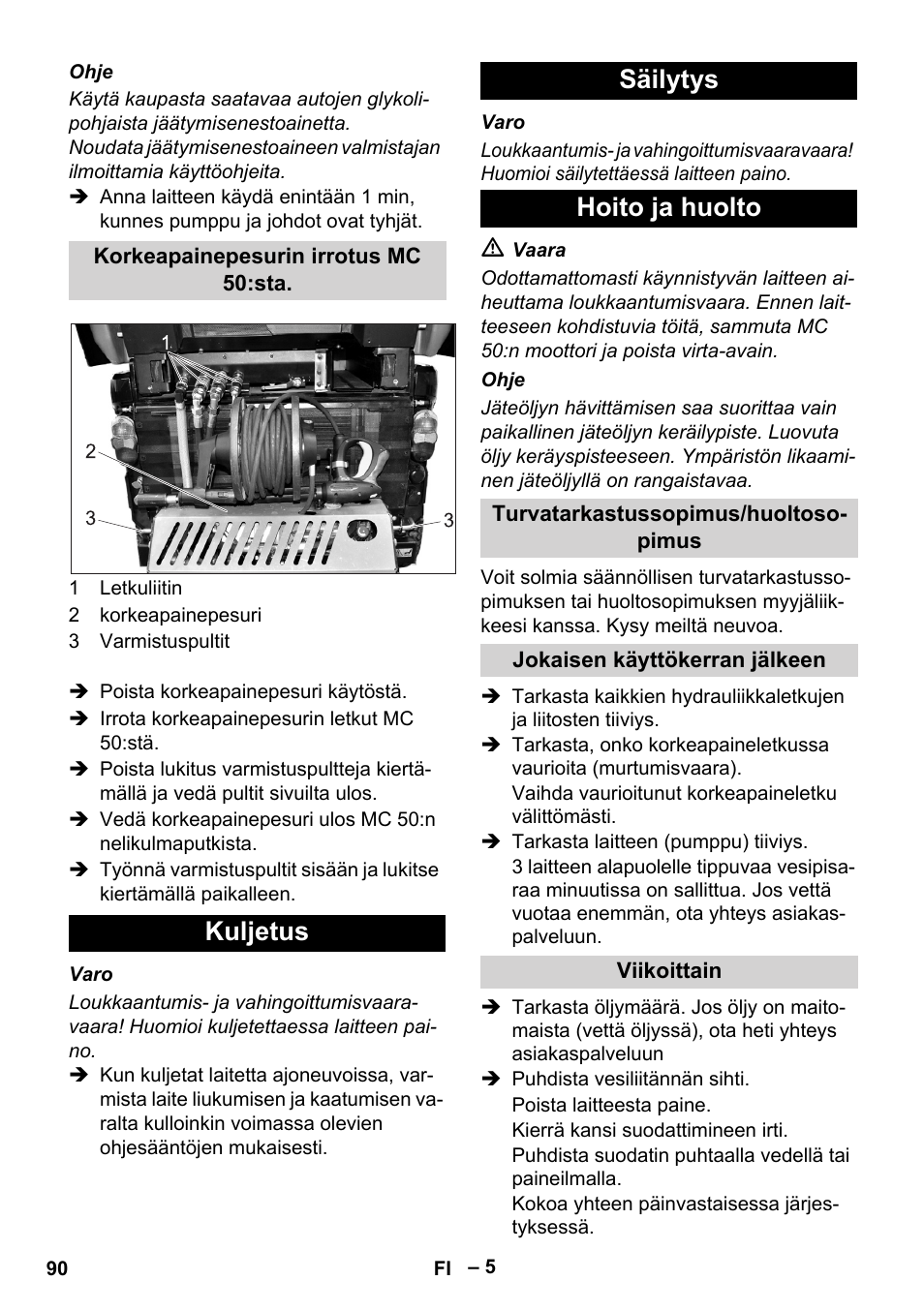 Kuljetus säilytys hoito ja huolto | Karcher MIC 34C User Manual | Page 90 / 172