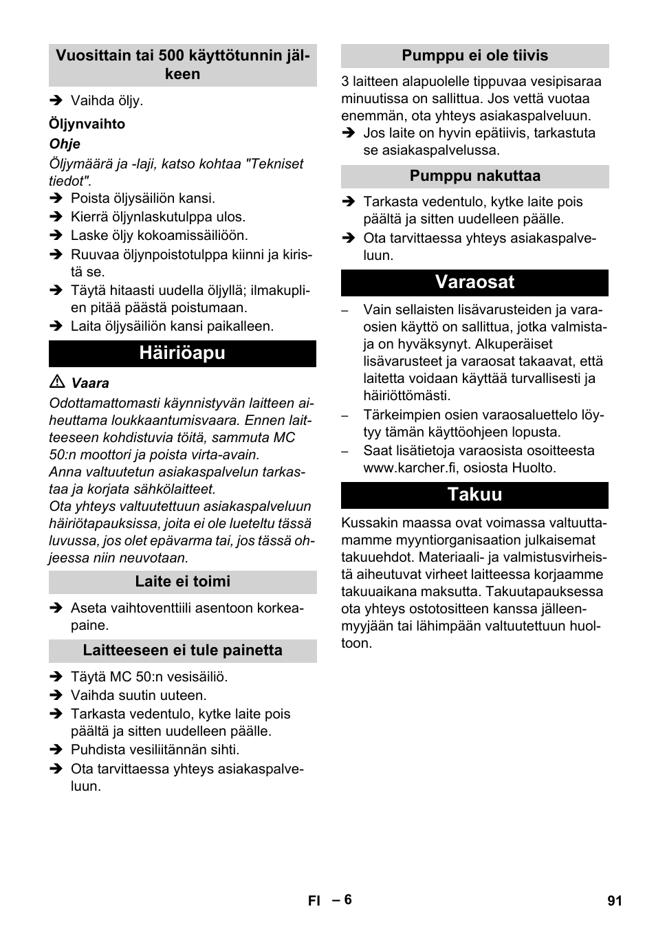 Häiriöapu, Varaosat takuu | Karcher MIC 34C User Manual | Page 91 / 172