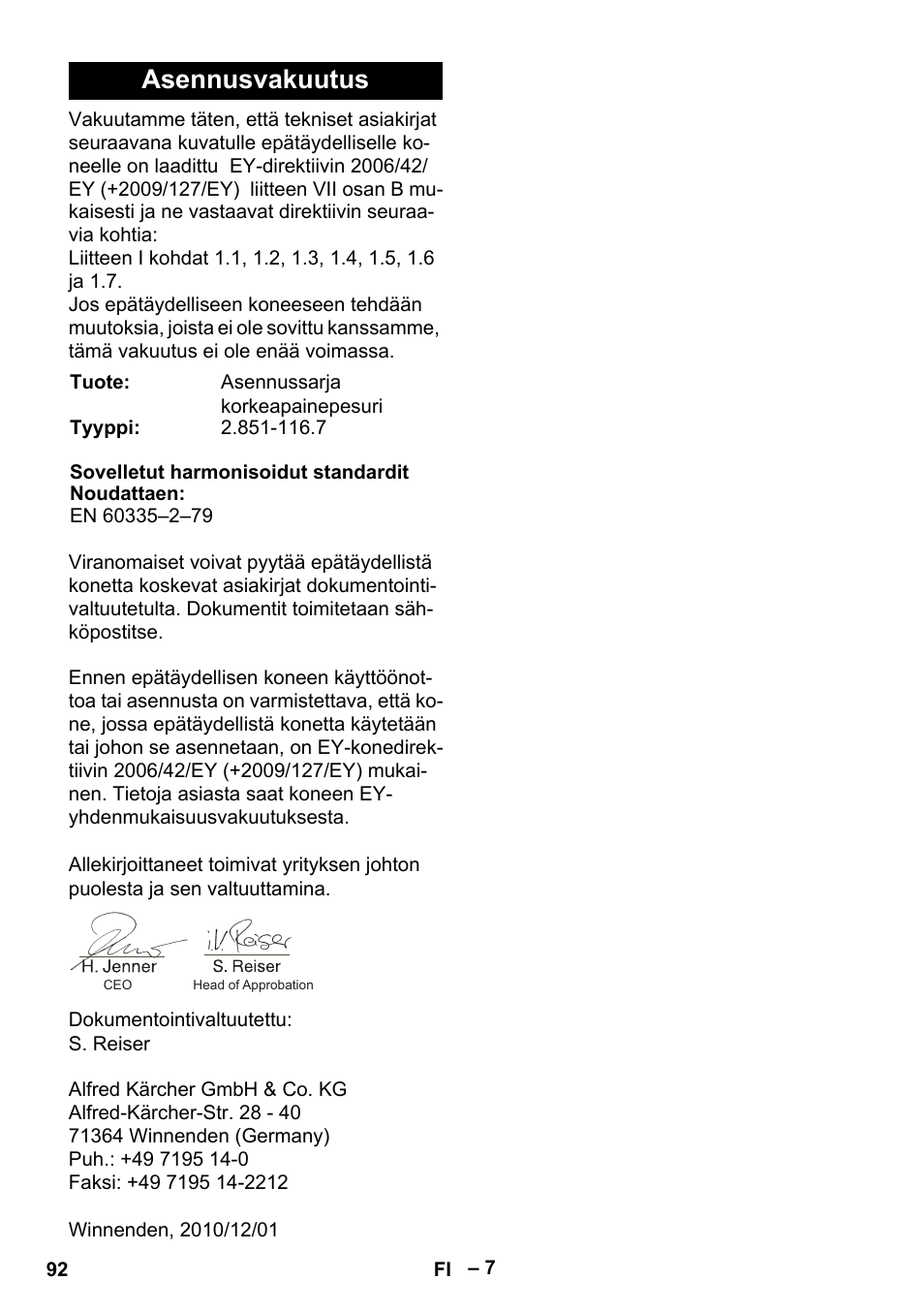Asennusvakuutus | Karcher MIC 34C User Manual | Page 92 / 172