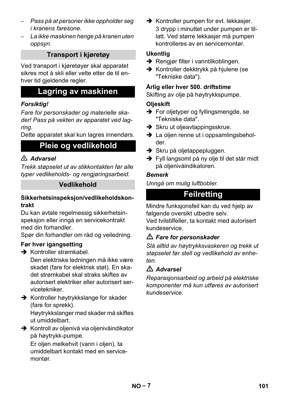 Lagring av maskinen pleie og vedlikehold, Feilretting | Karcher HD 16-15-4 Cage Plus User Manual | Page 101 / 316
