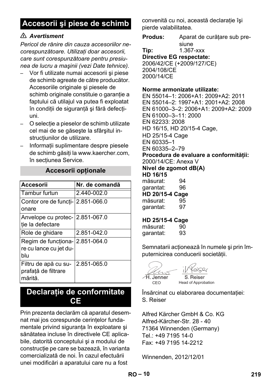 Accesorii şi piese de schimb, Declaraţie de conformitate ce | Karcher HD 16-15-4 Cage Plus User Manual | Page 219 / 316