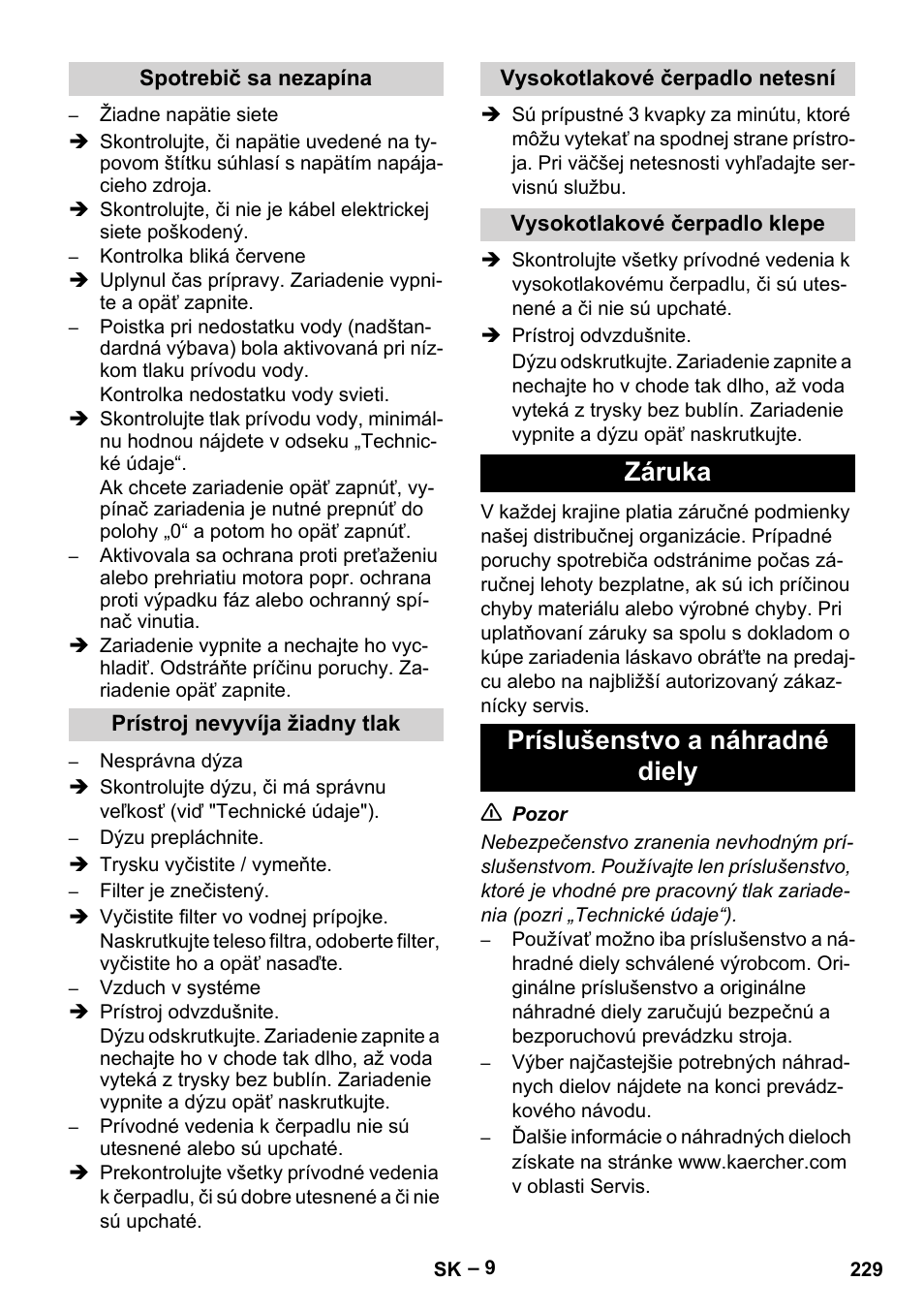 Záruka príslušenstvo a náhradné diely | Karcher HD 16-15-4 Cage Plus User Manual | Page 229 / 316