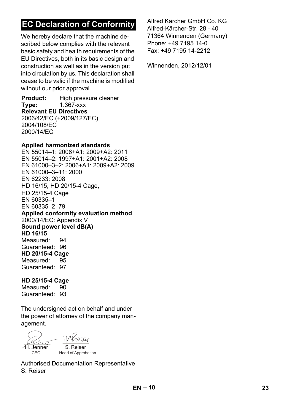 Ec declaration of conformity | Karcher HD 16-15-4 Cage Plus User Manual | Page 23 / 316
