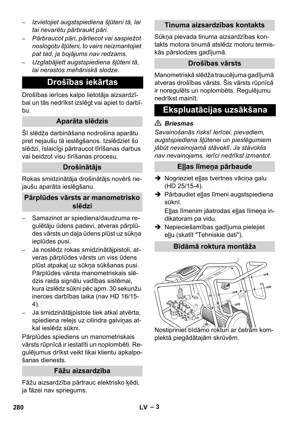 Drošības iekārtas, Ekspluatācijas uzsākšana | Karcher HD 16-15-4 Cage Plus User Manual | Page 280 / 316
