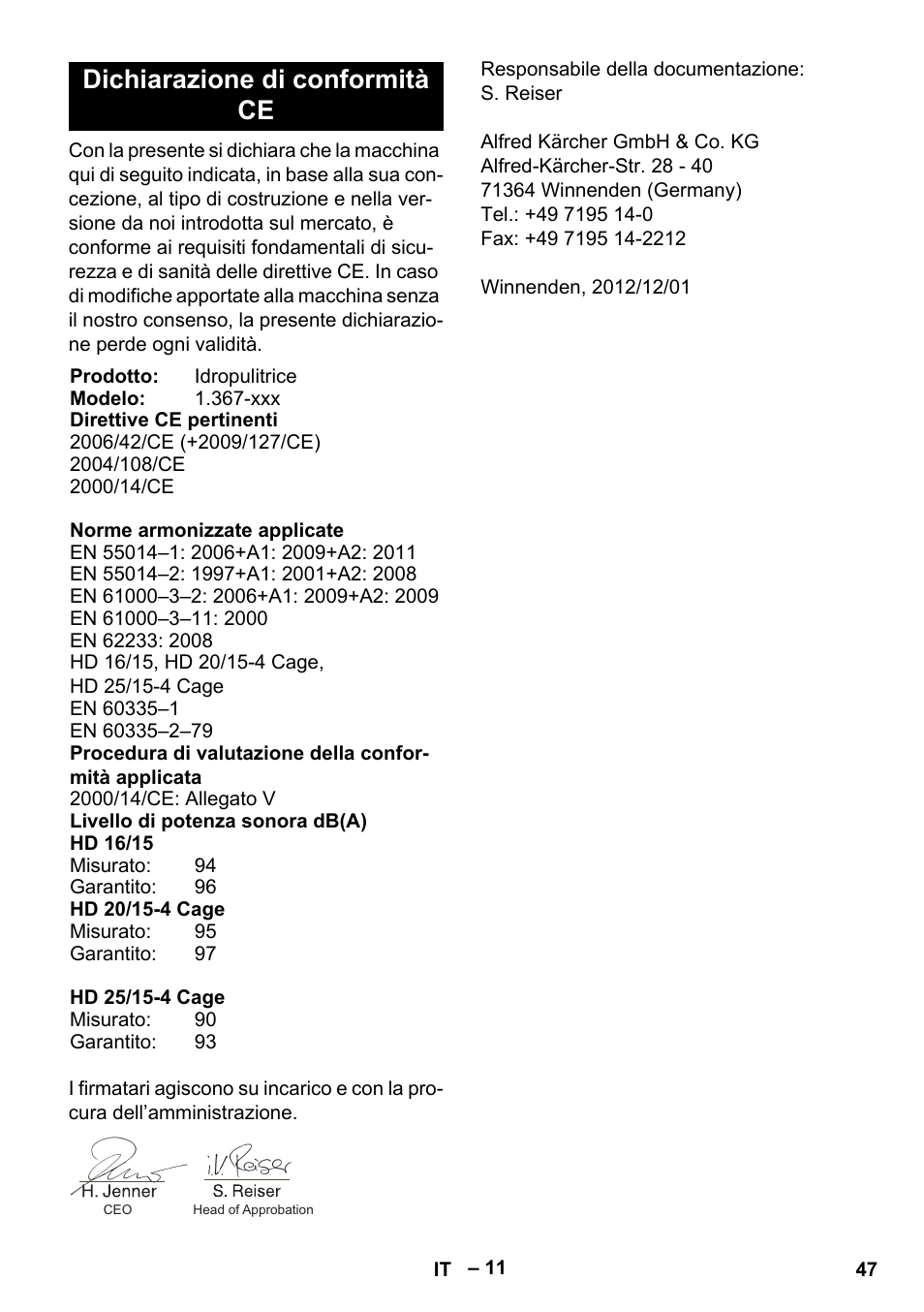 Dichiarazione di conformità ce | Karcher HD 16-15-4 Cage Plus User Manual | Page 47 / 316