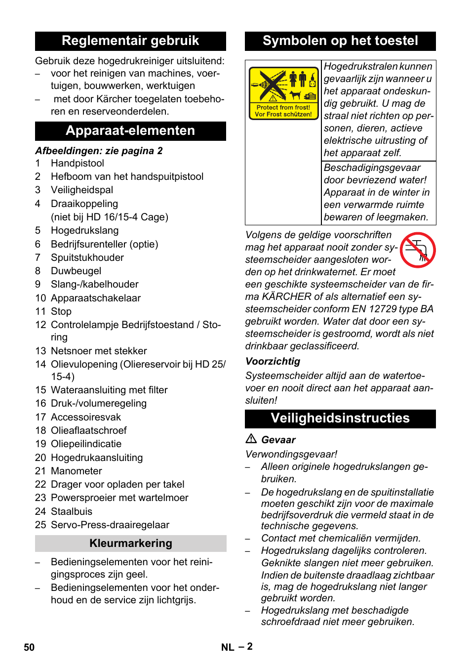 Reglementair gebruik apparaat-elementen, Symbolen op het toestel, Veiligheidsinstructies | Karcher HD 16-15-4 Cage Plus User Manual | Page 50 / 316