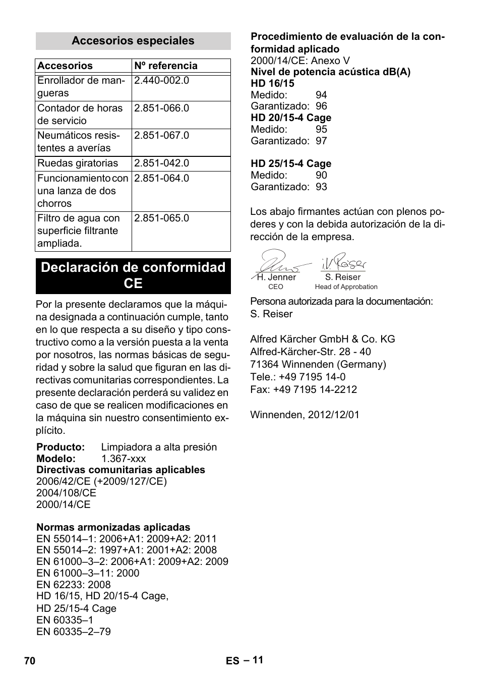 Declaración de conformidad ce | Karcher HD 16-15-4 Cage Plus User Manual | Page 70 / 316