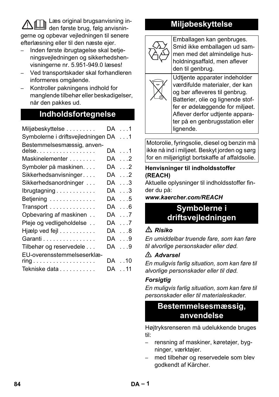 Dansk, Indholdsfortegnelse, Miljøbeskyttelse | Karcher HD 16-15-4 Cage Plus User Manual | Page 84 / 316