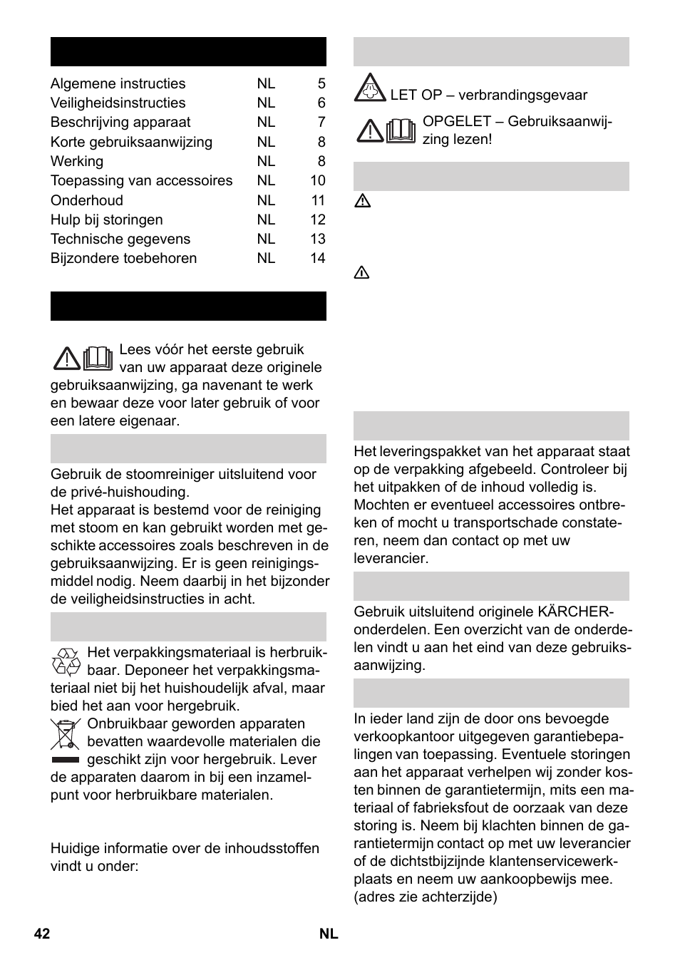 Nederlands, Inhoud, Algemene instructies | Karcher SC 2-550 C EU User Manual | Page 42 / 266