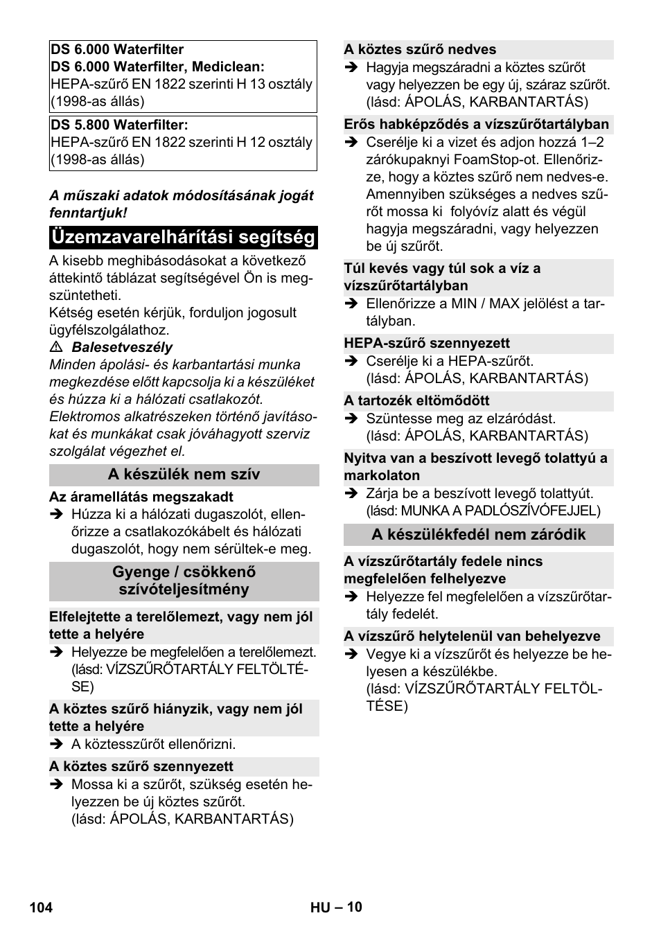 Üzemzavarelhárítási segítség, A készülék nem szív, Gyenge / csökkenő szívóteljesítmény | A köztes szűrő szennyezett, A köztes szűrő nedves, Erős habképződés a vízszűrőtartályban, Túl kevés vagy túl sok a víz a vízszűrőtartályban, Hepa-szűrő szennyezett, A tartozék eltömődött, A készülékfedél nem záródik | Karcher Vysavač s vodním filtrem DS 5-800 vodní filtr User Manual | Page 104 / 198