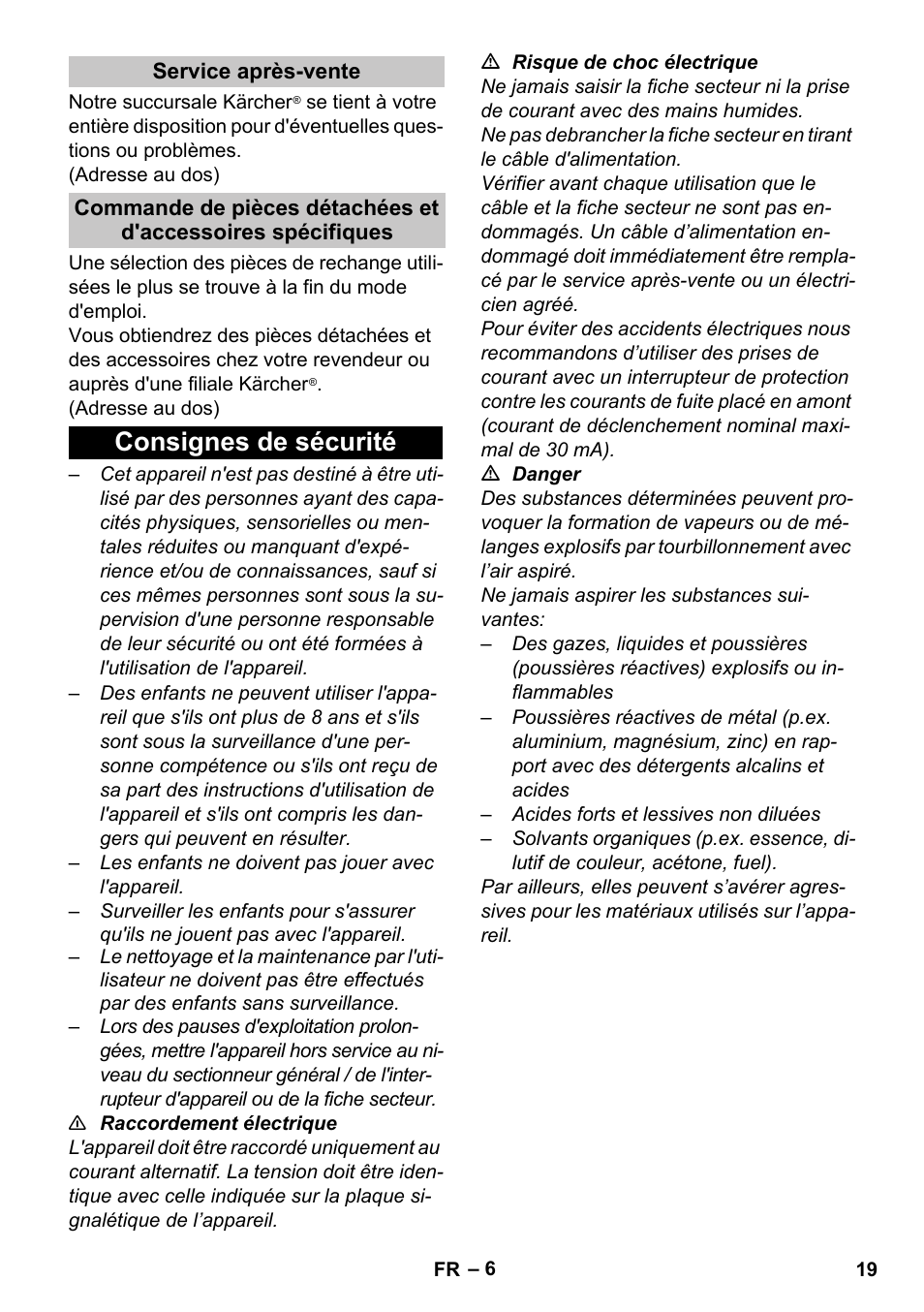 Service après-vente, Consignes de sécurité | Karcher Vysavač s vodním filtrem DS 5-800 vodní filtr User Manual | Page 19 / 198