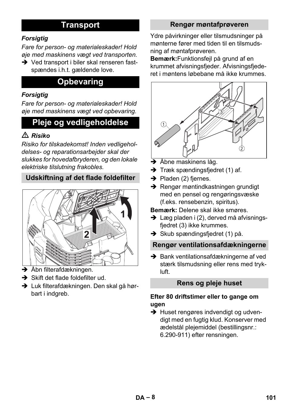 Transport opbevaring pleje og vedligeholdelse | Karcher SB V1 Eco User Manual | Page 101 / 356
