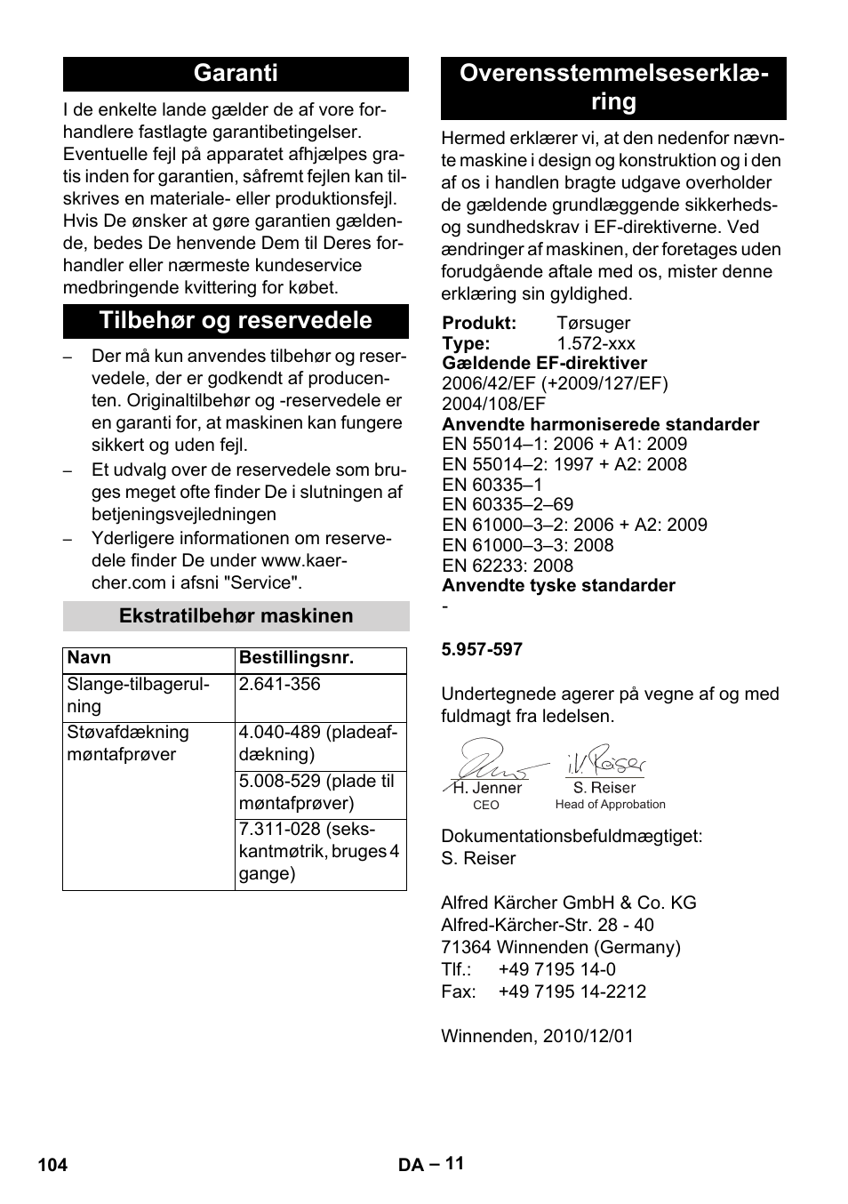 Garanti tilbehør og reservedele, Overensstemmelseserklæ- ring | Karcher SB V1 Eco User Manual | Page 104 / 356