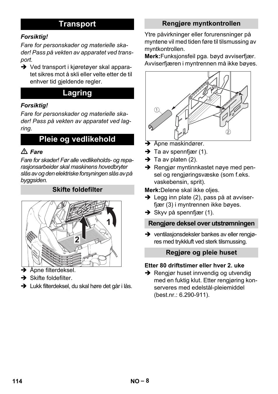 Transport lagring pleie og vedlikehold | Karcher SB V1 Eco User Manual | Page 114 / 356
