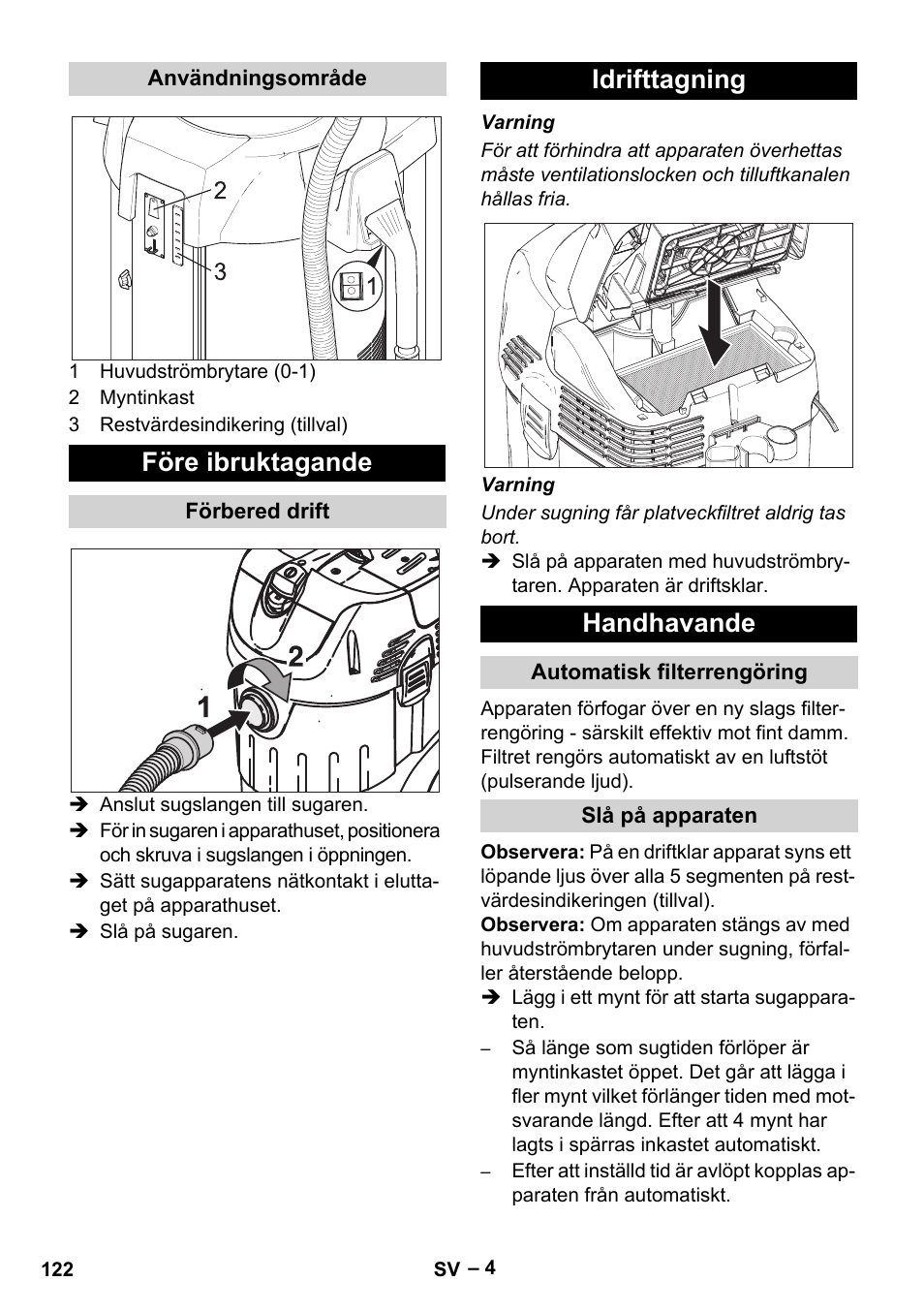 Före ibruktagande, Idrifttagning handhavande | Karcher SB V1 Eco User Manual | Page 122 / 356