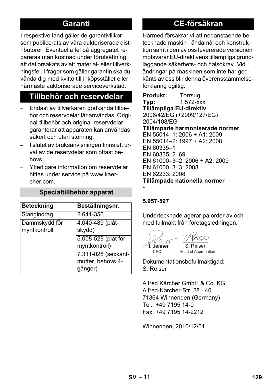 Garanti tillbehör och reservdelar, Ce-försäkran | Karcher SB V1 Eco User Manual | Page 129 / 356