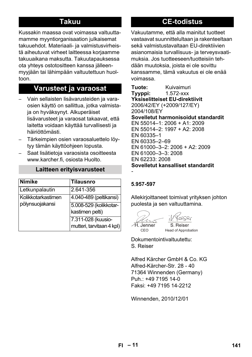 Takuu varusteet ja varaosat, Ce-todistus | Karcher SB V1 Eco User Manual | Page 141 / 356