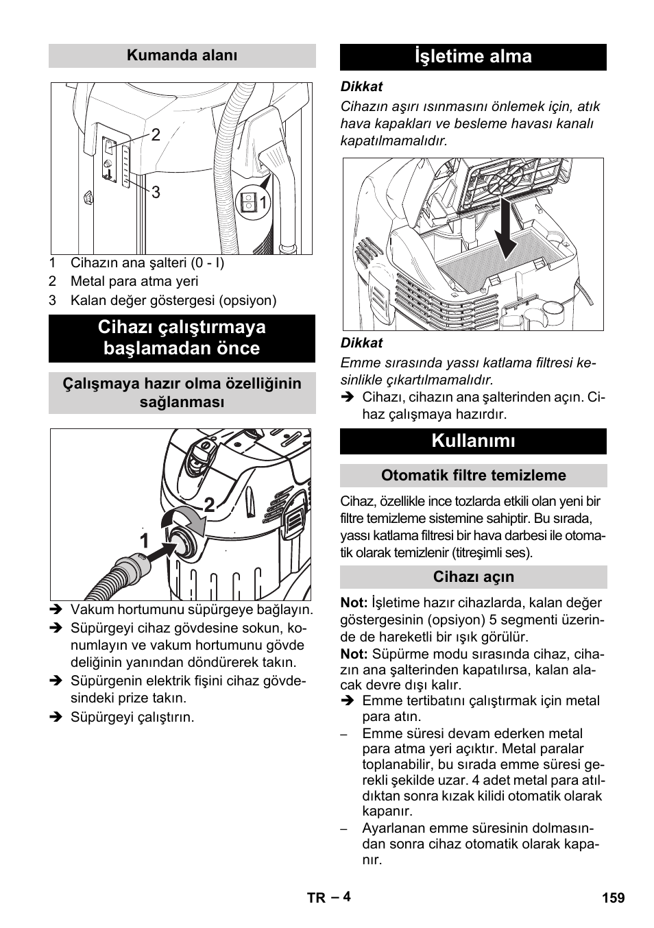 Cihazı çalıştırmaya başlamadan önce, Işletime alma kullanımı | Karcher SB V1 Eco User Manual | Page 159 / 356