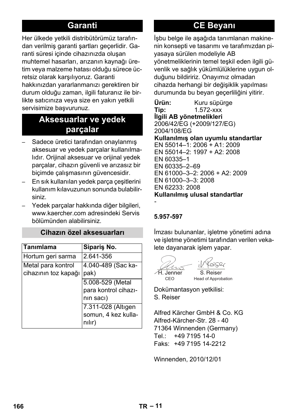 Garanti aksesuarlar ve yedek parçalar, Ce beyanı | Karcher SB V1 Eco User Manual | Page 166 / 356