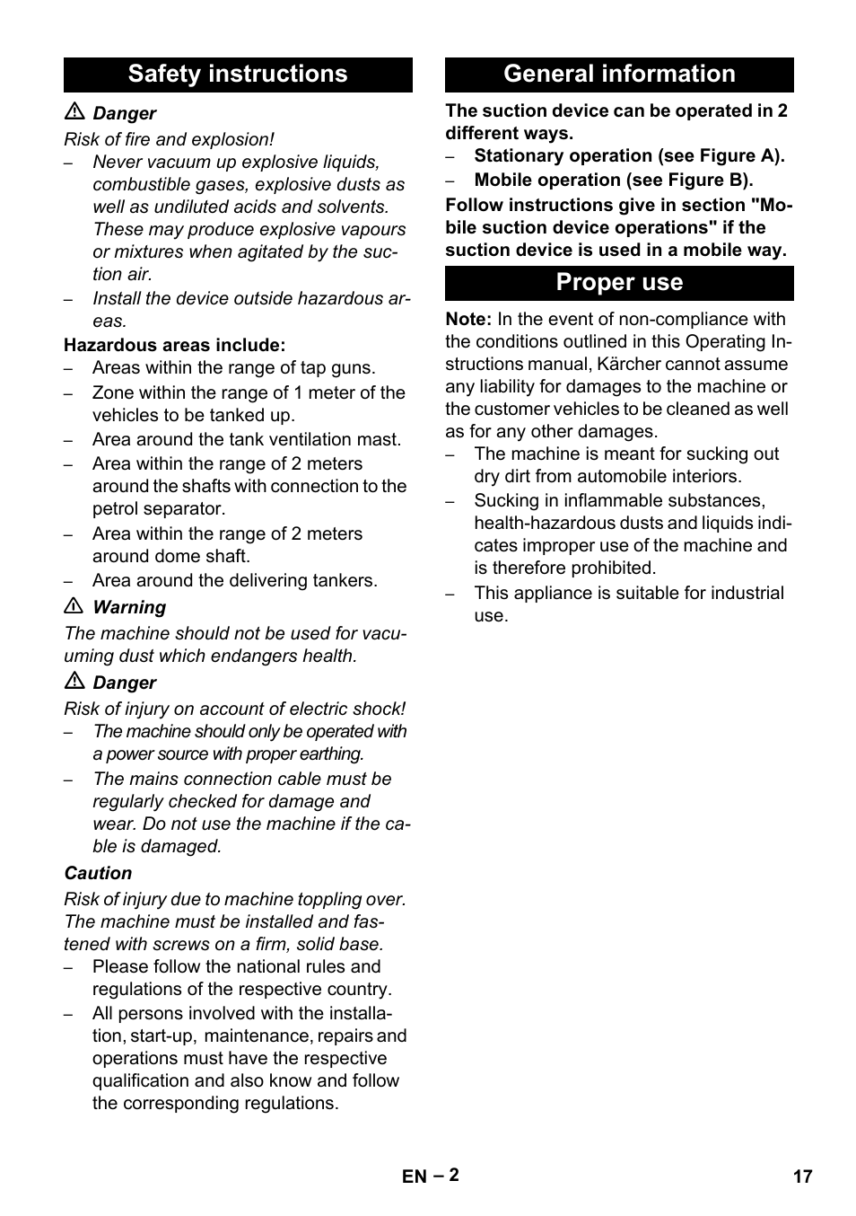 Safety instructions general information proper use | Karcher SB V1 Eco User Manual | Page 17 / 356